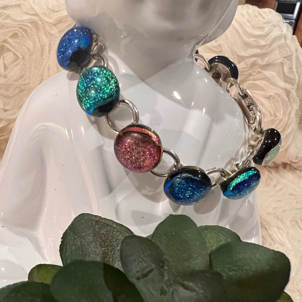 Vintage Dichroic glassed sterling silver 925 stamped bracelet